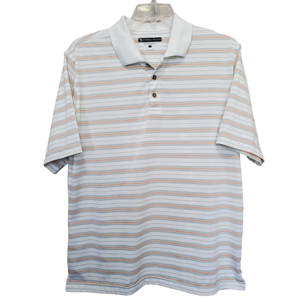 Pebble Beach Performance Men's White Striped Short Sleeve Polo Golf Shirt Large